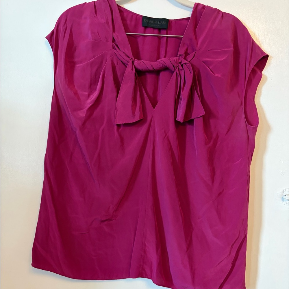 Derek Lam Magenta Tie-Neck Cap Sleeve Blouse
